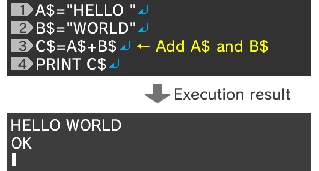 A$="HELLO"↵ B$="WORLD"↵ C$=A$+B$↵ PRINT C$