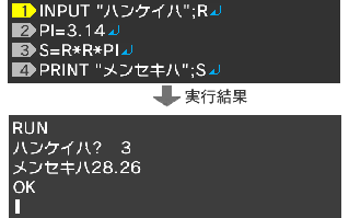 INPUT "ハンケイハ";R↵ PI=3.14↵ S=R*R*PI↵ PRINT "メンセキハ";S