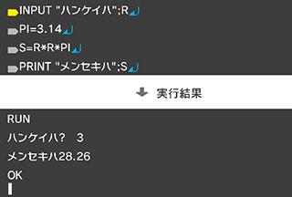 INPUT "ハンケイハ";R↵ PI=3.14↵ S=R*R*PI↵ PRINT "メンセキハ";S